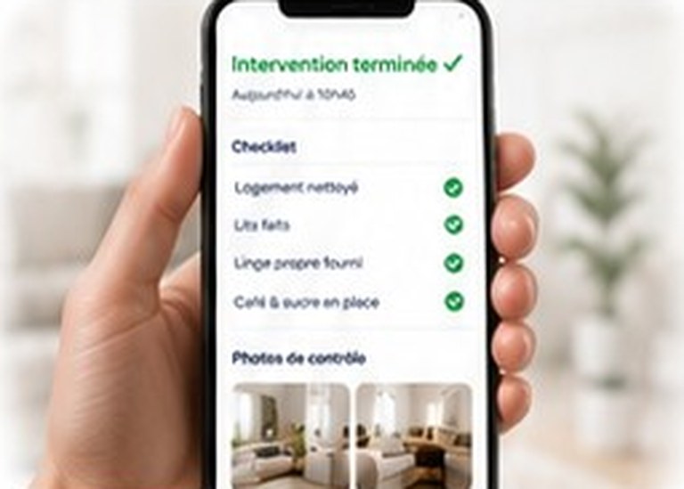 Un téléphone affiche la fin d’intervention et les photos de contrôle